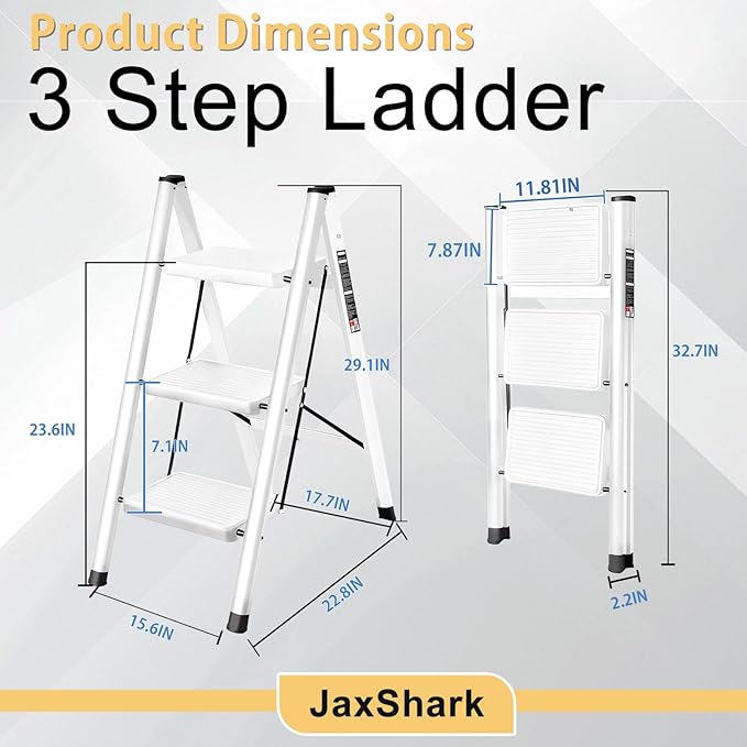 3 Step Ladder Folding Step Stool with 500LBS Capacity Sturdy Carbon Steel Frame Anti-Slip Thick Pedal & Feet Portable for Home Kitchen Garage (white-3step)