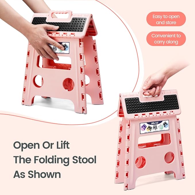 Delxo Folding Step Stool, 13 inch Non-Slip Foldable Stools Up to 300 LBS, Step Stool with Handle, Lightweight for Kitchen, Bathroom, Bedroom, Garden Stepping Stool with Dotted, Pink,1 PC