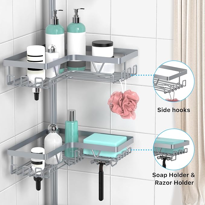 KEGII 4-Tier Corner Shower Caddy Tension Pole - Adjustable Shower Tension Rod Organizer, Floor to Ceiling Shower Caddy 25-114.2 inch, Shower Towel Rack Corner Waterproof, Light Gray