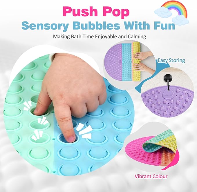 Silicone Push Pop Bath Mat – 33"x17.3" Extra Large Rainbow Bathtub Mat with 391 Suction Cups, CPC Certified Non-Slip Sensory Toy, Calming Stress Relief for Bath Time