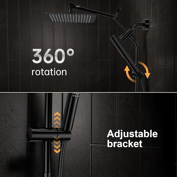 Veken All Metal 10" Black Shower Head with Handheld, Luxurious Square Double Rain Shower Heads with Spray Combo, Dual High Pressure Detachable Rainfall Showerhead with Arm,Bathroom Upgrade,Matte Black
