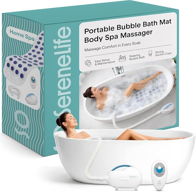 SereneLife Bubble Bath Mat for Bathtub | Motorized Air Pump Spa Bath Mat with Remote Control, Adjustable Bubbles, Non-Slip Base & Aroma Clip | Full Body Support 47" Waterproof Jacuzzi Mats for Bathtub