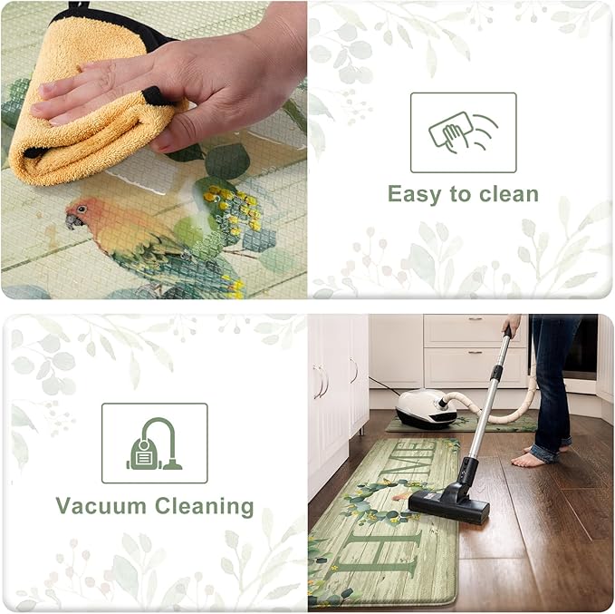 KIMODE Anti Fatigue Kitchen Mats for Floor 2 Piece,Farmhouse Spring Rugs Non Slip,Cushioned Memory Foam Carpet for Sink Laundry Office Bathroom,Green 17"x47"+17"x29"