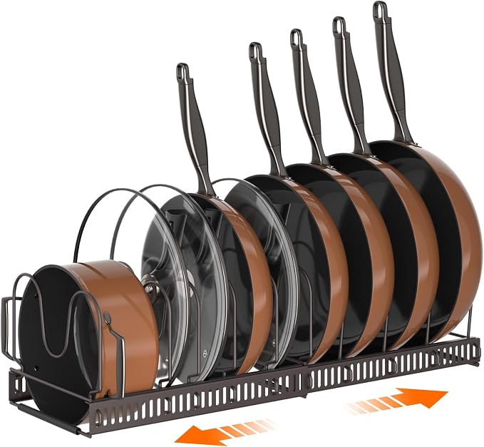 MUDEELA Pots and Pans Organizer Rack for under Cabinet, Expandable Pot Lid Kitchen Cabinet Organizer Holder with 10 Adjustable Compartment Cutting Board Organizer for Pan Lid Cookie Sheet Rack, Bronze