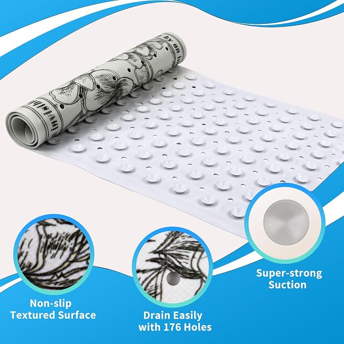 Non-Slip Large Bathtub Mat - 39.4"x15.8" with 200 Suction Cups, Massage Pebble Design & 176 Drain Holes, Safe Shower Mat for Elderly, Kids, Spa, Machine Washable, Floral Pattern
