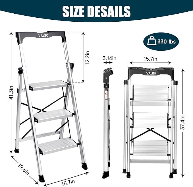 Valeo Aluminium 3 Step Ladder with Retractable Handgrip,Anti-Slip Pedal,330 lbs Capacity,Folding Step Stool for Kitchen, Garage, Home, Space Saving, Sturdy and Portable, Silver