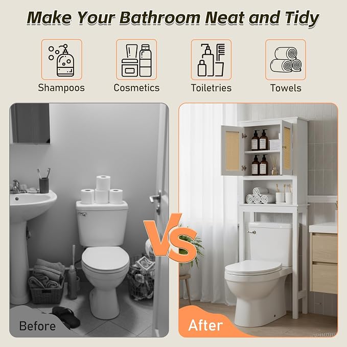 Over The Toilet Storage Cabinet, Behind Toilet Bathroom Organizer with Adjustable Shelves, Above Toilet Organizers with Barn Door, Space Saver for Restroom, Bathroom, Laundry