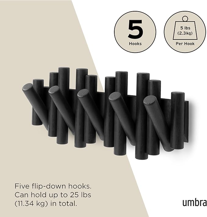 Umbra Picket Wall-Mounted Coat Rack Rail Hook with 5 Retractable Wood Pegs – Modern, Space-Saving Storage Organizer, Black