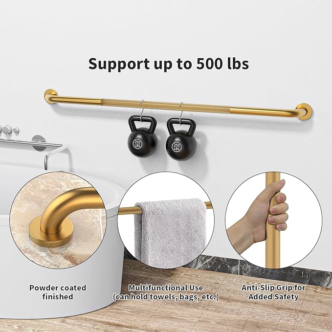48 Inch Anti Slip Shower Grab Bar, Munzong Bathroom Grab Bar for Showers, Gold Knurled Handicap Balance Bar,Safety Hand Rail Support Elderly Senior Assist Bath Handle