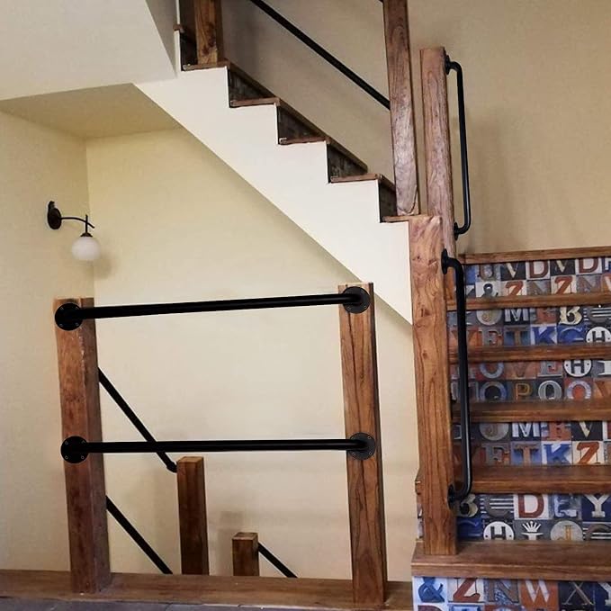 2FT Black Wall Mount Hand Rails for Indoor Stairs, 24 Inch Interior Staircase Handrail, Outdoor Metal Stair Railing for Exterior Steps, Banister Deck Rails,Safety Grab Bar for Elderly