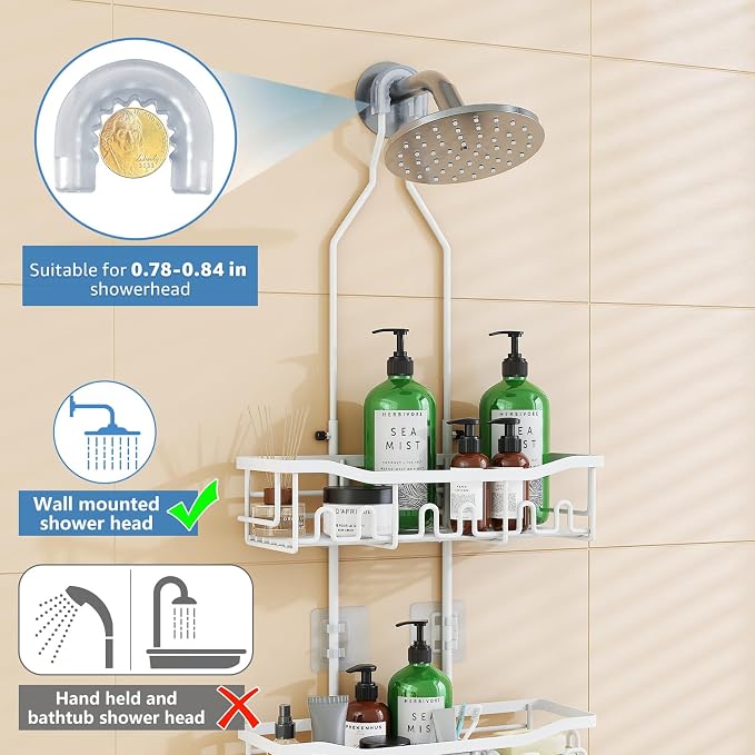 Upgraded Extended Length Shower Organizer with Hooks, Rustproof Shampoo Soap Holder, Large Hanging Bathroom Caddy