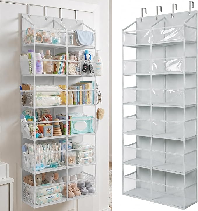 HOMELUX THEORY UPGRADED 6 Tiers Over The Door Organizer Hanging - 100D EXTRA THICK & 50lbs HUGE CAPACITY, 12 Side Mesh Pockets Over The Door Shoe Organizer, Hanging Closet Organizer (Transparent, XL)