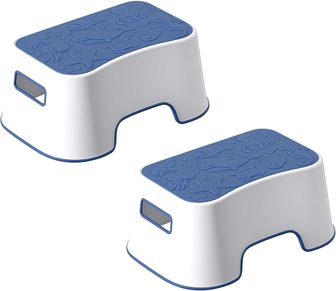 2 Pack Step Stool for Kids, Cute Sea Animals Toddler Kids Step Stool Stackable Non-Slip Safety Foot Stool for Kitchen Bathroom and Toilet Potty Training (Blue)