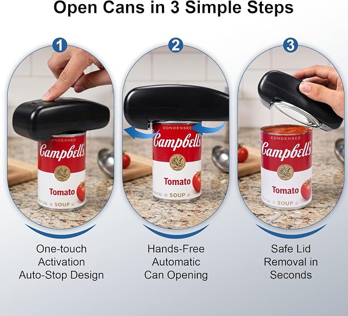 Electric Can Opener, LED Display USB Rechargeable, Automatic Hands-Free Smooth Edge, Compact Cordless, Kitchen Use for Seniors & Arthritis (Black)