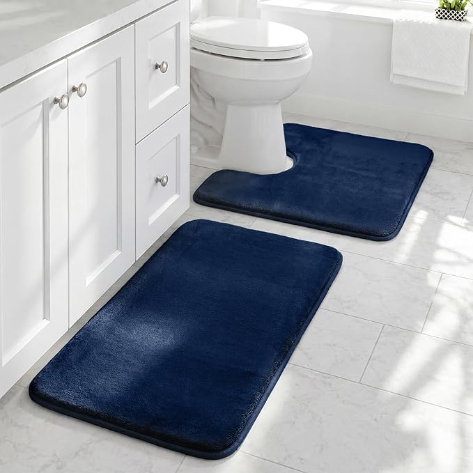 HUXMEYSON Bathroom Rugs Sets 2 Piece, Non-Slip & Quick Dry Bath Mat Set, Ultra Soft Velvet Bath Rugs for Bathroom, Toilet and Shower Floor, Navy