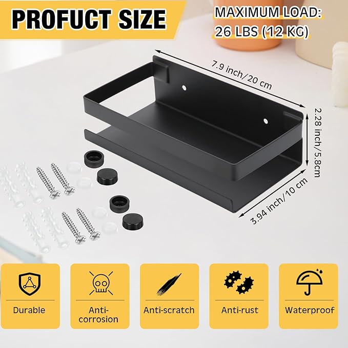 Lallisa 2 Pieces Stainless Steel Shelf Bathroom Shower Floating Shelves Wall Mounted Shower Caddy Basket Shelf Storage Organizer Shelves for Bathroom, Kitchen, Living Room(7.87 Inches/ 20 cm,Black)