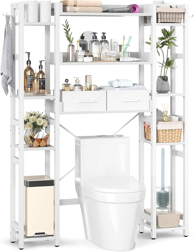 Besiost Over The Toilet Storage, 11 Tier Bathroom Organizer with Dual Side Racks and 2 Fabric Drawers, Adjustable Freestanding Rack Space Saver for Small Spaces, White