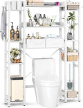 Besiost Over The Toilet Storage, 11 Tier Bathroom Organizer with Dual Side Racks and 2 Fabric Drawers, Adjustable Freestanding Rack Space Saver for Small Spaces, White