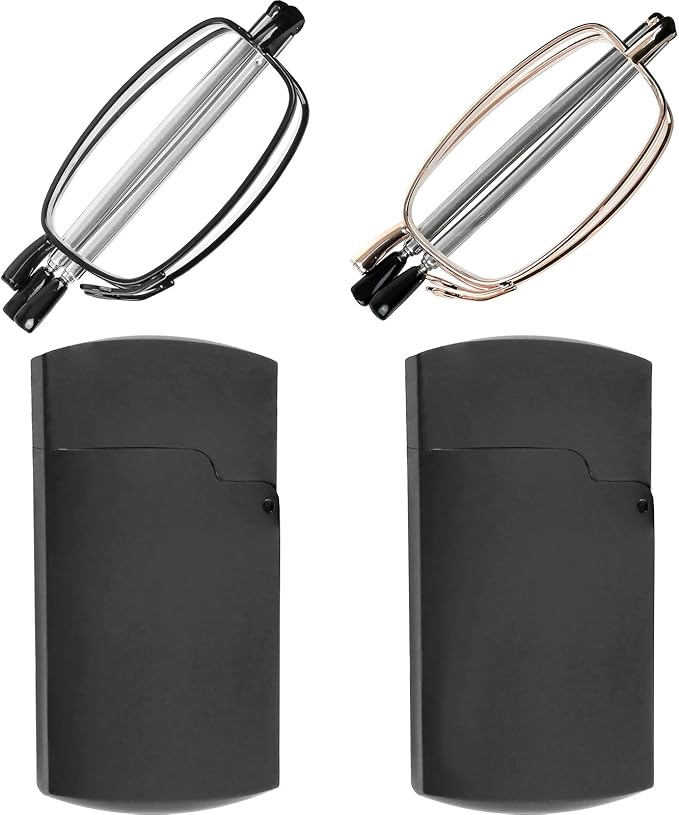 Success Eyewear Reading Glasses 2 Pair Black and Gunmetal Readers Compact Folding Unisex Glasses for Reading Case Included