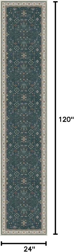 Hazo Haus Vintage Dark Green 2x10 Hallway Runner Rug - Modern Boho Eclectic Floral Pastel, Washable Low Pile Non-Slip Extra Long Runner Rugs for Kitchen, Bedroom