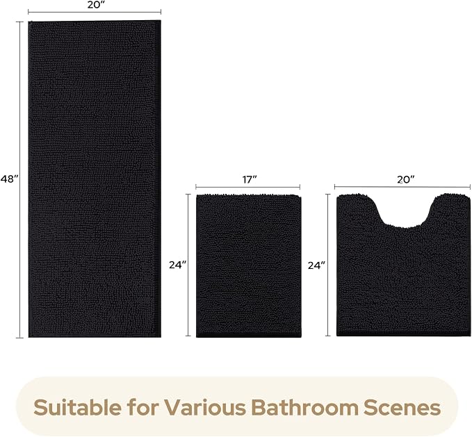 HOMEIDEAS 3 Pieces Bathroom Rugs, Extra Large Ultra Soft Non Slip Absorbent Chenille Toilet Bath Mat Set (Black)