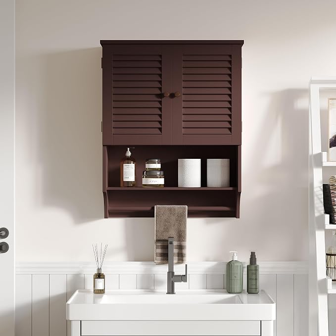 ChooChoo Bathroom Wall Cabinet with Towels Bar, 23.6" L x7.9 W x27.5 H MDF Material Medicine Cabinet, 2 Doors Over The Toilet Space Saver Storage Cabinet with Large Space, Espresso