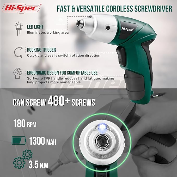 Hi-Spec 3.6V Cordless Electric Screwdriver Set with Interchangeable Bits, Green