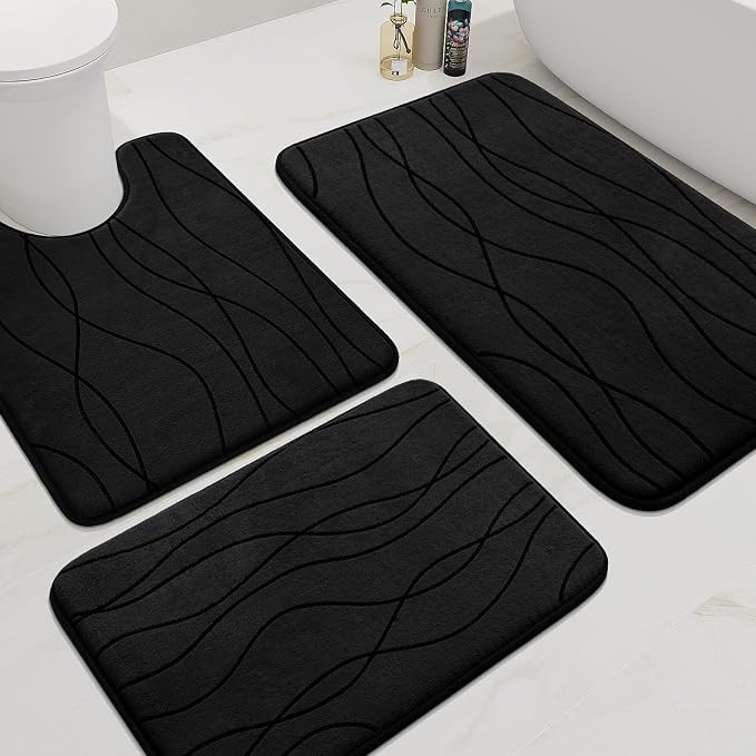 YIHOUSE Memory Foam Bathroom Rug Sets, Black, 3 Piece | Ultra Soft, Absorbent, Non-Slip, Machine Washable