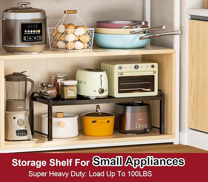 X-cosrack 12" Wide 100LBS Loading-Bearing Heavy Duty Kitchen Storage Shelf, Expandable Cabinet Shelf Organizer, Stackable Adjustable Storage Shelves for Kitchen Cabinet Cupboard Pantry Counter