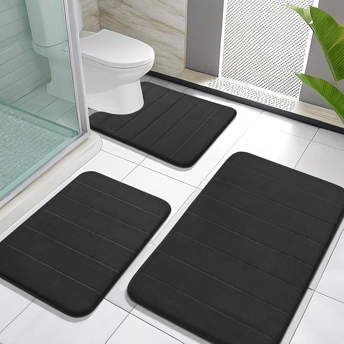Yimobra Memory Foam Bath Mat Set 3 Pieces- Super Soft Absorbent Quick Dry Bathroom Rug Sets, Machine Washable Non Slip Floor Carpet for Tub Shower, Vanity & Toilet Base, Black