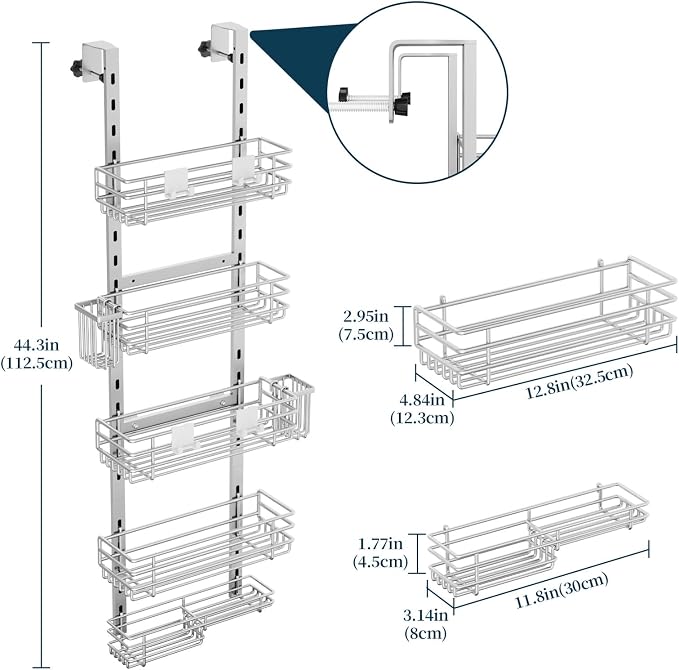 Consumest Over The Door Shower Caddy - 5 Tier Adjustable Shower Organizer Hanging with 2 Toothbrush Holders & 4 Hooks, Rustproof Organizer Shelf, Storage Rack for Bathroom, Silver