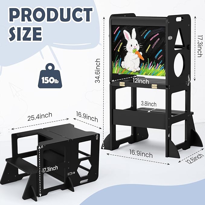 Woodure 4 in-1 Toddler Kitchen Step Stool, Foldable Learning Standing Tower with Blackboard, Wooden Kitchen Stool Helper for Kids, 1-3 Year Old Boy Girl Gifts - Black