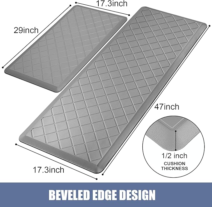 Cushioned Kitchen Mat 2 PCS, Anti Fatigue Kitchen Rugs, Heavy Duty Non-Skid, Ergonomic Comfort Foam Kitchen Floor Mat for Home, Office, Sink, Laundry - Grey