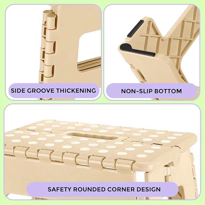 Dyforce Folding Step Stool 9 Inch, Kids Step Stool, Heavy Duty Step Stools for Adults, Compact Foot Stools, Light-Weight Toddler Step Stools for Kitchen, Bathroom, Holds Up to 300 lbs (Khaki)