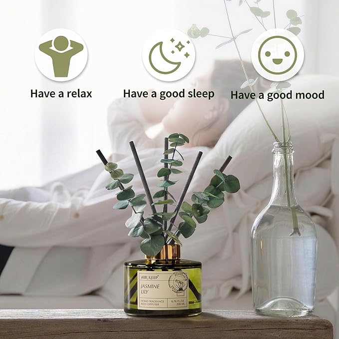 Airkeep Reed Diffuser Set with 6.76 fl oz Jasmine Lily Scent Essential Oils and 3 Leaves & 8 Diffuser Sticks,Bathroom Shelf Decor & Air Freshener, House Bedroom Office Decor & Gifts
