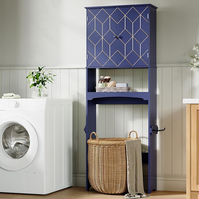 Gold Trim Over The Toilet Storage Cabinet, Double Doors Over Toilet Bathroom Organizer with Adjustable Shelves and Toilet Paper Holder, Modern Over Toilet Storage Cabinet for Bathroom (Blue)