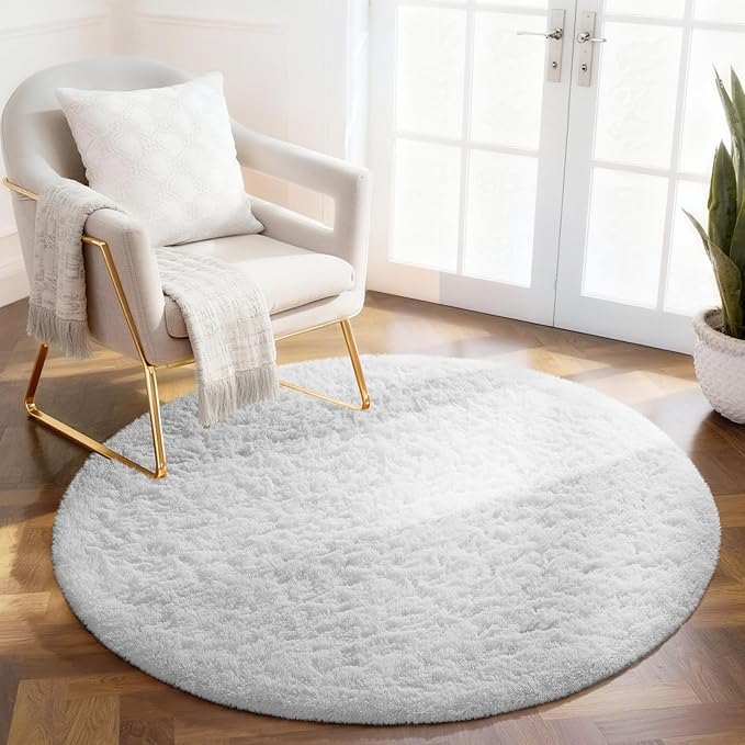 Ophanie Round Rug 4Ft White Circle Area Rug, Aesthetic Room Decor, Fluffy Fuzzy Bedroom Carpet, Plush Soft Shaggy Living Room Rugs for Kids Home, Nursery