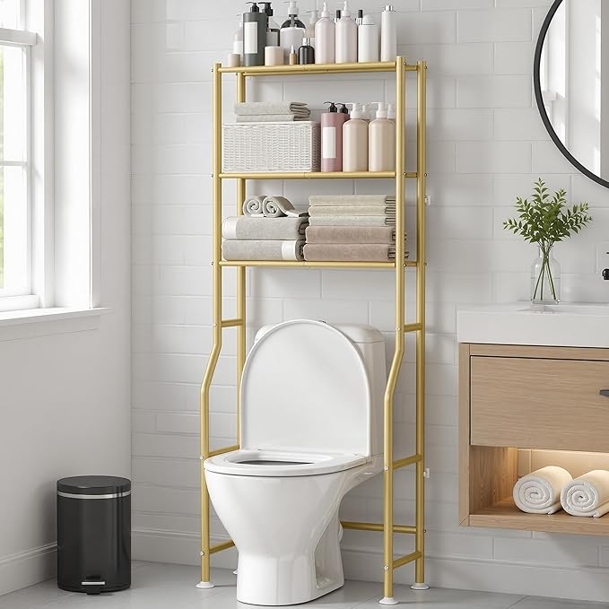 GloTika 3-Tier Over Toilet Storage Rack, Metal Over Toilet Bathroom Organizer Shelf, Freestanding Space Saver Storage Shelves for Bathroom/Laundry/Living Room (Gold)