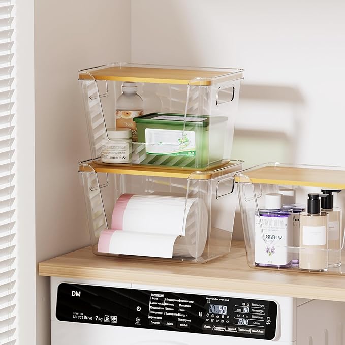 Delamu Acrylic Trash Bag Holder, 3 Pack Stackable Garbage Holder for 4-33 Gallon Bags, Clear Organizer Bins for Under Sink Organization, Pantry Storage, Cabinet, Kitchen, Laundry, Bathroom