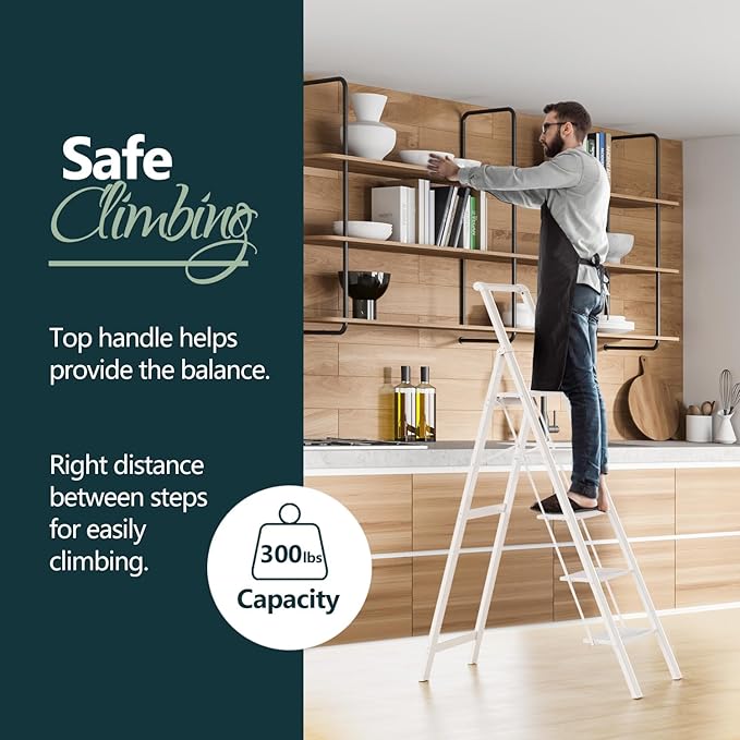 WOA WOA 5 Step Ladder, Ladders for Home, Anti-Slip Pedals, Step Stool Foldable, Lightweight to Move, Ease of Storage, Reach 10ft for Closet Kitchen Library, Hold 300lbs - White