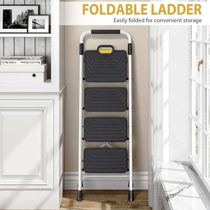KINGRACK 4 Step Ladder, Folding Step Stool with Comfortable Handrail, Wide Anti-Slip Pedals & Safe-Lock Design, 800lbs Load Capacity, Sturdy Steel Portable Ladder, Perfect for Home and Kitchen, White