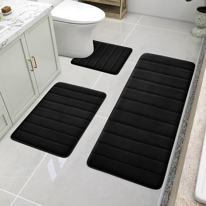 BYSURE Black Memory Foam Bath Mats, Non Slip Extra Soft Absorbent Machine WashableToilet Bathroom Rug Set 3 Piece (20"x32"+24"x44"+U Shape 20"x24")