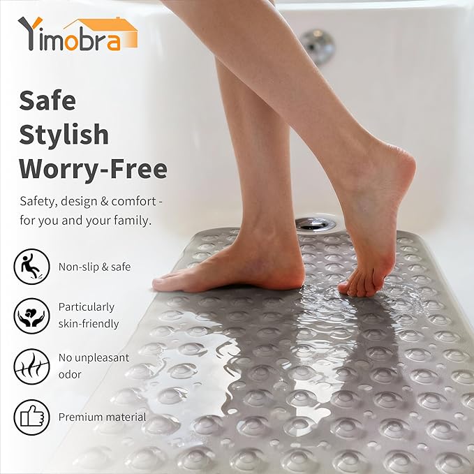 Yimobra Non Slip Bathtub Mat 40 x 16 Inch, Extra Long Shower Mat with Drain Holes, Machine Washable Baby Bath Mats, Strong Suction Cups for Bathroom Floor, Clear Grey
