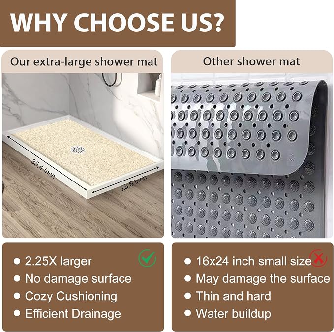 Shower Mat Non Slip: 36 x 24 Inch Extra Large Shower Mats for Inside Shower with Drain Hole - Soft PVC Loofah Anti Slip Shower Stall Mat for Walk-in Shower and Bathroom, Quick Drying
