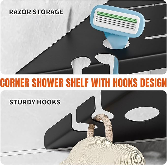 Permanent Grout-in Corner Shower Shelves with Hooks, Modern 304 Stainless Steel Shower Caddy for Bathroom Renovation & Hotel, Heavy Duty No-Drill Grout Mount Shower Organizer for Tile Wall,10", 2 Pack