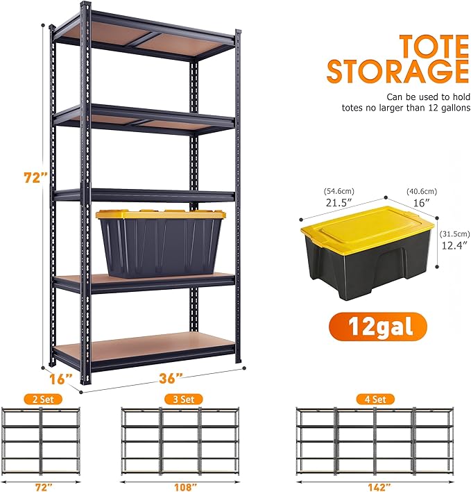 REIBII 2400LBS Garage Shelving Heavy Duty,5 Tier Storage Shelves Adjustable Metal Shelving Unit,Garage Shelves for Basement,Warehouse,Commercial,Pantry,Closet,Kitchen 72x35.55x16,Black