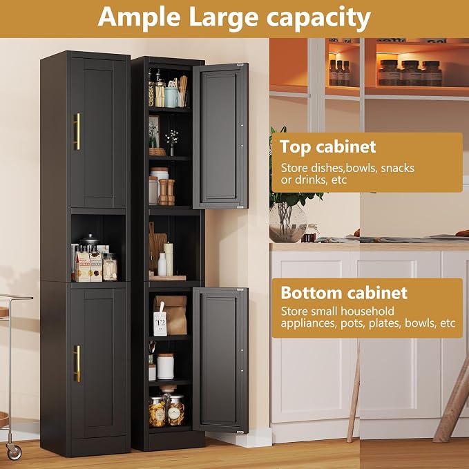 Metal Tall Narrow Storage Cabinet,67" H Freestanding Floor Cabinet with 2 Doors and 4 Adjustable Shelves,Pantry Storage Cabinets for Bathroom,Living Room,Entryway and Kitchen(Black)