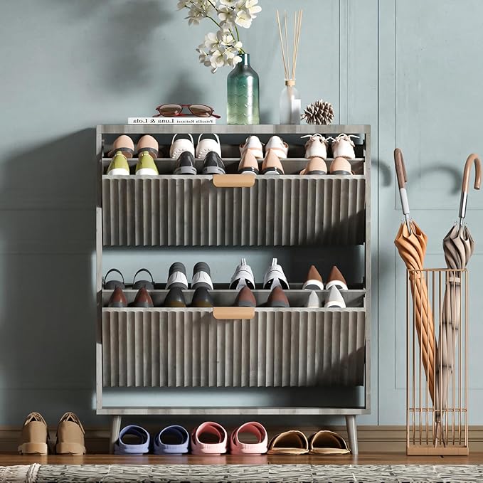 Shoe Cabinet Storage,Modern Freestanding Organizer with 2 Flip Drawers,Narrow Shoe Rack Cabinet for Entryway,Grey