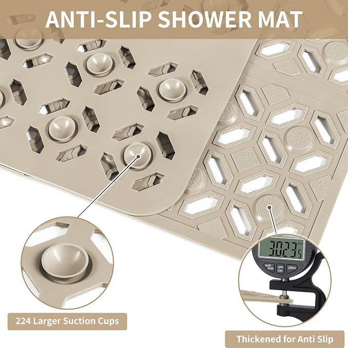 OTHWAY Square Shower Mat, 27"x 27" Extra Large Shower Mats for Inside Shower, TPE Anti Slip Shower Mat with Suction Cups Drain Holes, Machine Washable Shower Floor Mat (Brown)