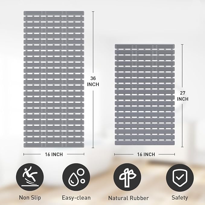 XIYUNTE Rubber Bath Mat for Tub Non Slip, 36 x 16 inches Bathtub Mat Non Slip Shower Mats for Inside Shower, Safety Anti Slip Shower Mat with Suction Cups, Easy to Cut Bath Tub Mat, Ink Gray
